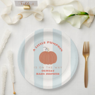 Little Pumpkin Blue Stripes Boy Baby Shower Paper Plates