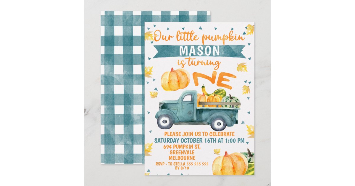 Little Pumpkin Blue Truck 1st Birthday Invitation | Zazzle