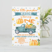 Little Pumpkin Blue Truck 1st Birthday Invitation (Standing Front)
