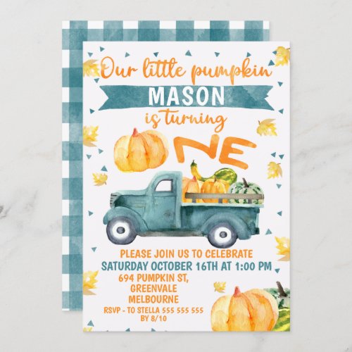 Little Pumpkin Blue Truck 1st Birthday Invitation