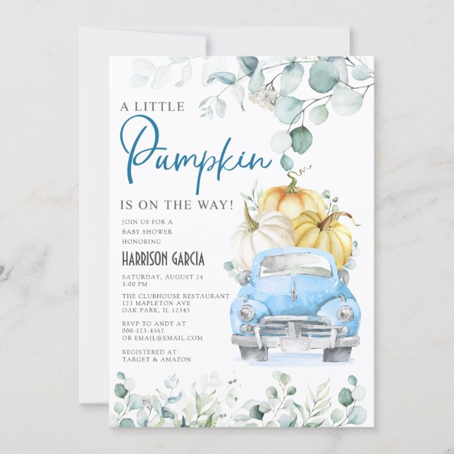 Little Pumpkin Blue Truck Baby Shower Invitation (Front)