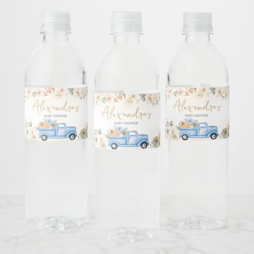 Little Pumpkin Blue Truck Baby Shower Water Bottle Label