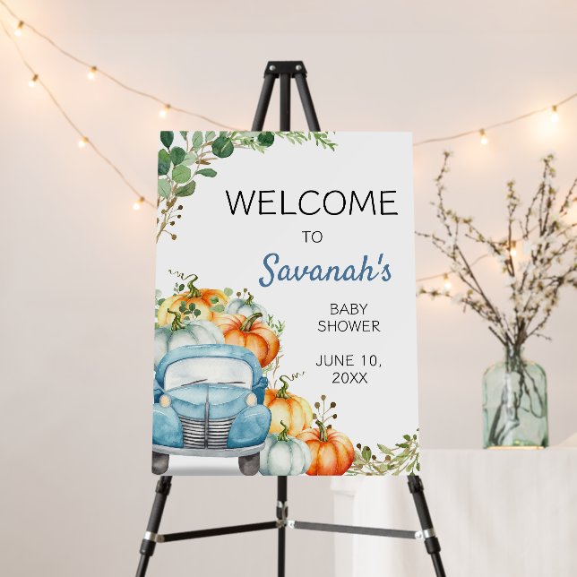 Little Pumpkin Blue Truck Baby Shower Welcome Sign (In Situ (Stand))
