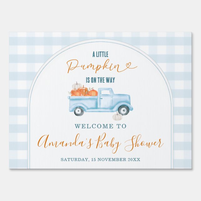 Little Pumpkin Blue Truck Baby Shower Welcome Yard Sign (Back)
