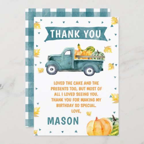 Little Pumpkin Blue Truck Birthday Thank You Card