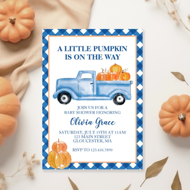 Little Pumpkin Blue truck Fall Baby Shower Invitation (Creator Uploaded)