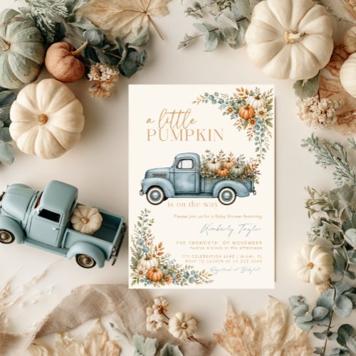 Little Pumpkin Blue Truck Fall Boy Baby Shower Invitation