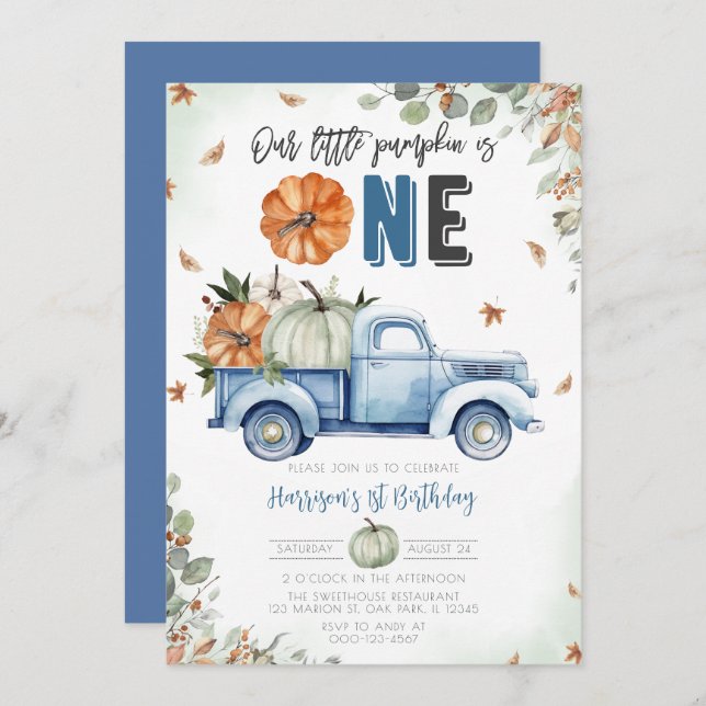Little Pumpkin Blue Truck First Birthday Invitation (Front/Back)