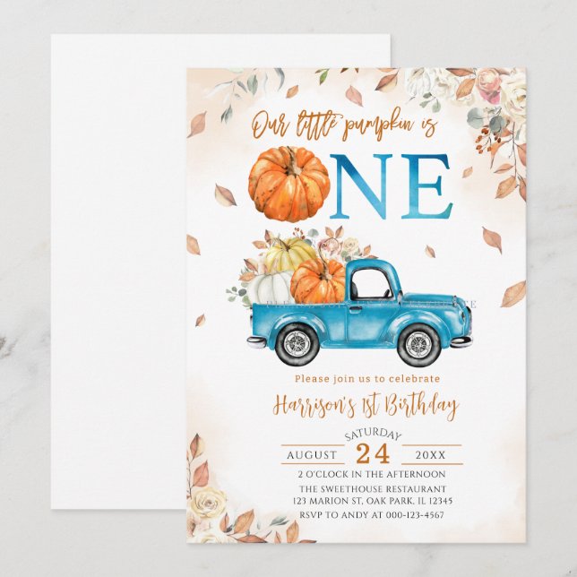 Little Pumpkin Blue Truck First Birthday Invitation (Front/Back)