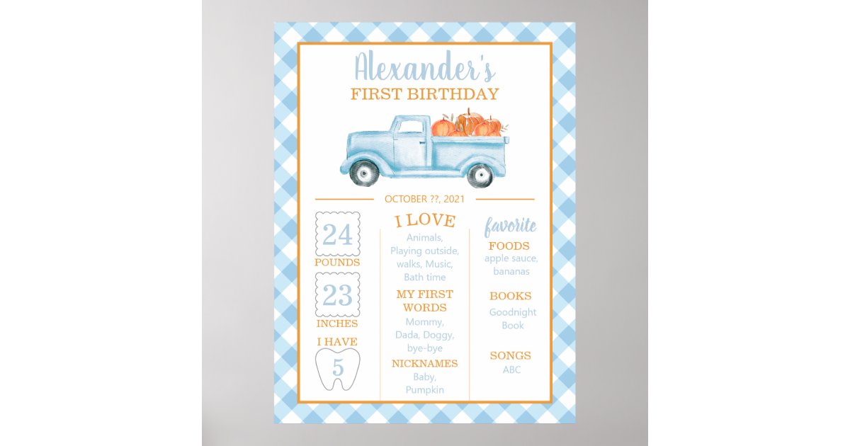 Little Pumpkin blue truck first birthday milestone Poster | Zazzle