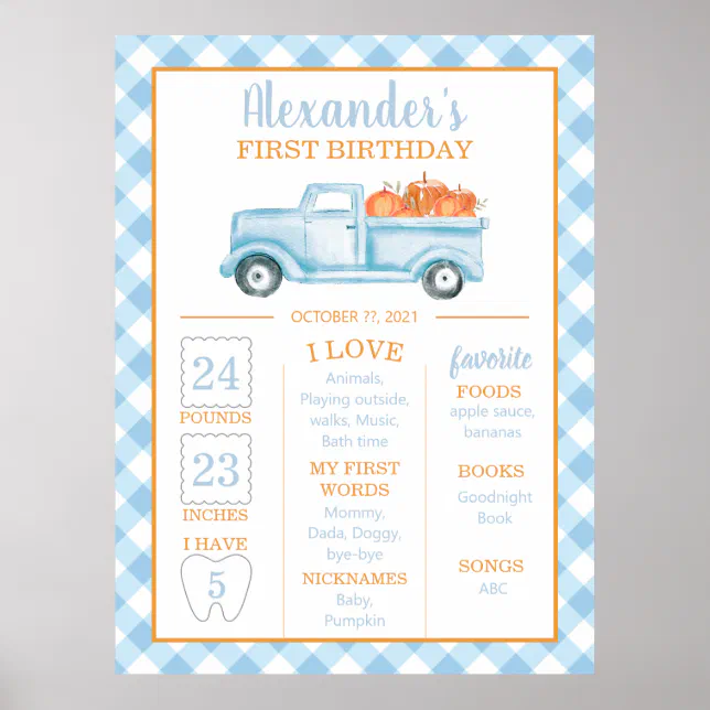 Little Pumpkin blue truck first birthday milestone Poster | Zazzle
