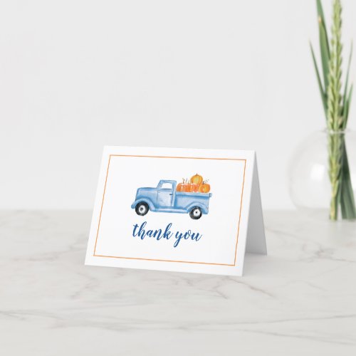 Little Pumpkin blue truck first birthday Thank You Card