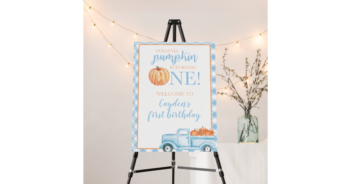 Little Pumpkin blue truck first birthday welcome Foam Board | Zazzle