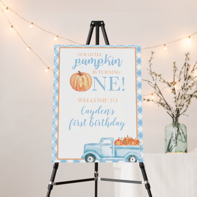 Little Pumpkin blue truck first birthday welcome Foam Board (In Situ (Stand))