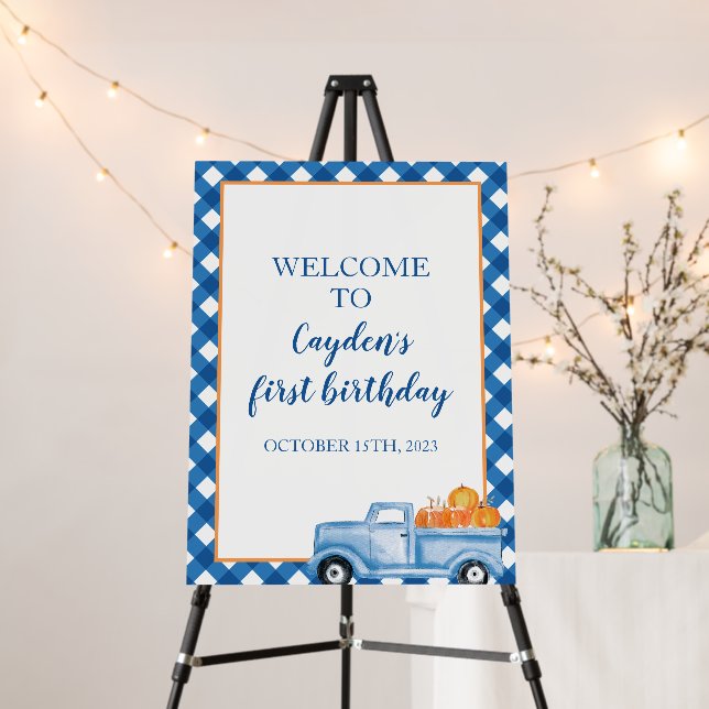 Little Pumpkin blue truck first birthday welcome Foam Board (In Situ (Stand))