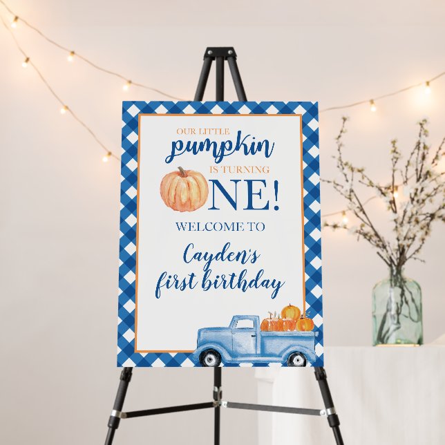Little Pumpkin blue truck first birthday welcome Foam Board (In Situ (Stand))