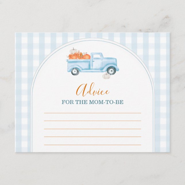 Little Pumpkin Blue Truck Gingham Advice For Mommy Enclosure Card (Front)