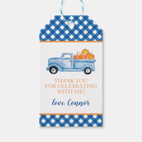 Little Pumpkin blue truck plaid first birthday Gift Tags