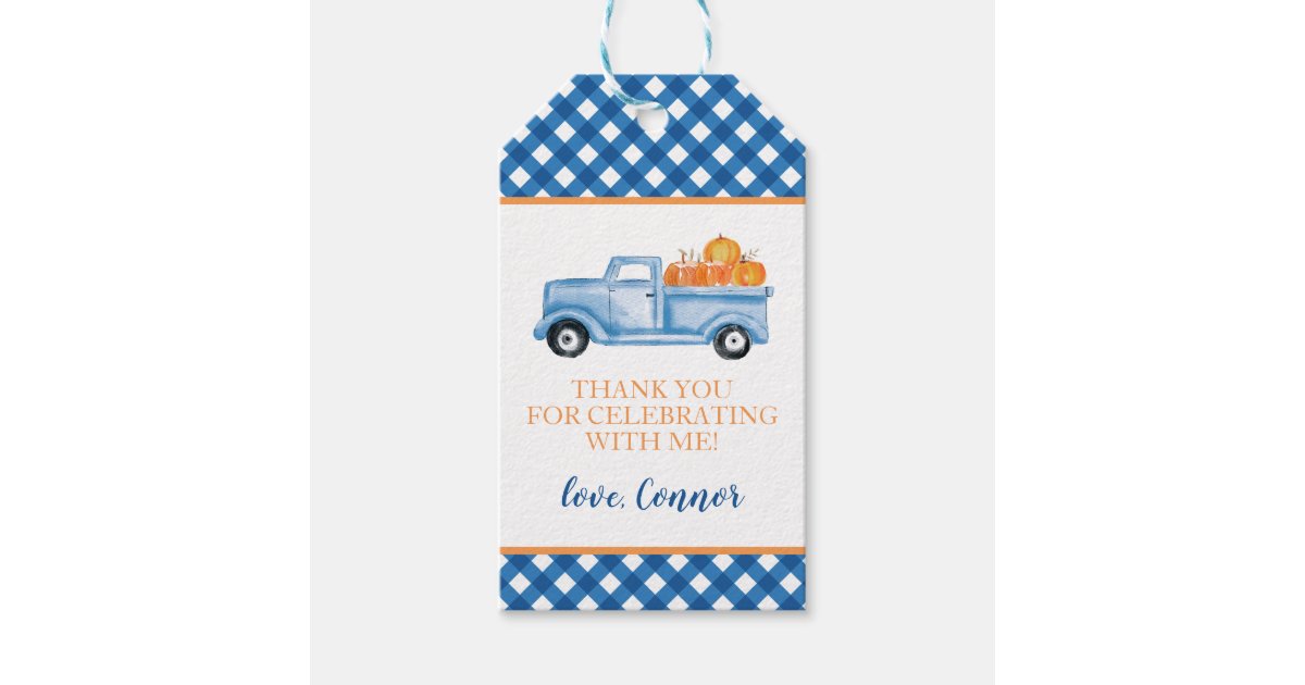 Little Pumpkin blue truck plaid first birthday Gift Tags | Zazzle