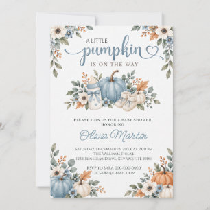 Little Pumpkin Blue Watercolor Fall Baby Shower Invitation