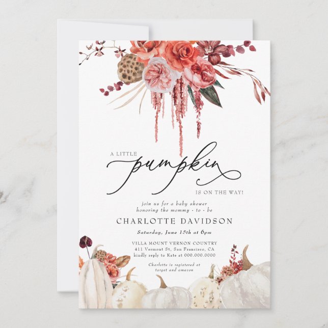 Little Pumpkin Blush Fall Girl Floral Baby Shower Invitation (Front)