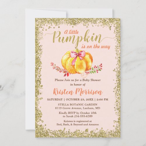Little Pumpkin Blush Gold Glitter Fall Baby Shower Invitation