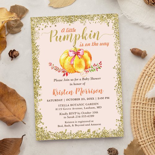 Little Pumpkin Blush Gold Glitter Fall Baby Shower Invitation