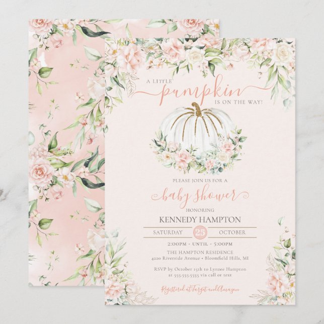 Little Pumpkin Blush Pink Floral Fall Baby Shower  Invitation (Front/Back)