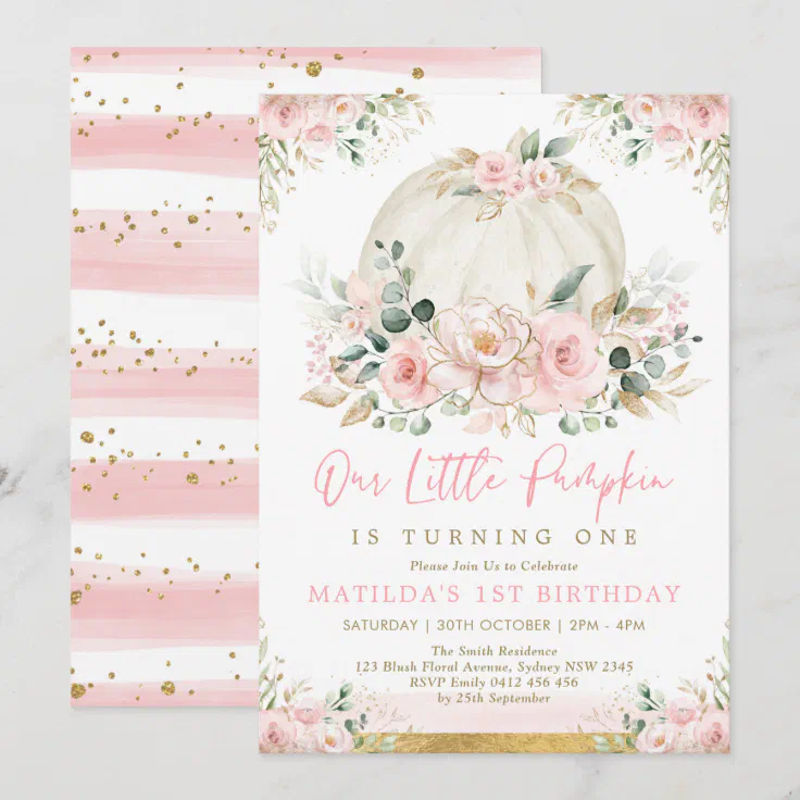 Little Pumpkin Blush Pink Floral Fall Birthday Invitation | Zazzle
