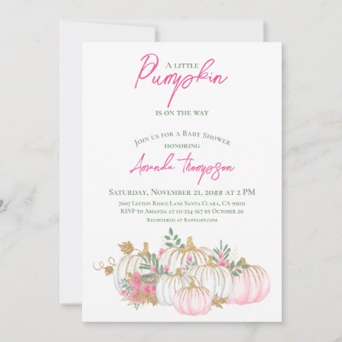 Little Pumpkin Blush Pink Greenery Baby Shower Invitation