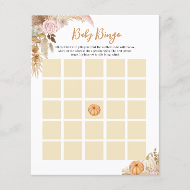 Little Pumpkin Boho Baby Shower Bingo Card (Front)