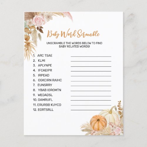 Little Pumpkin Boho Baby Shower Word Scramble Game