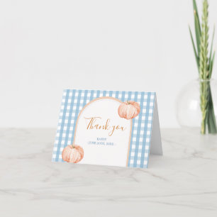 Little Pumpkin Boho Blue Gingham Folded Letterpress Thank You Card