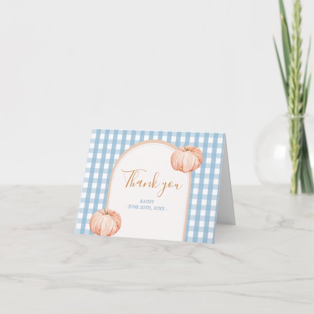 Little Pumpkin Boho Blue Gingham Folded Letterpress Thank You Card (Front)