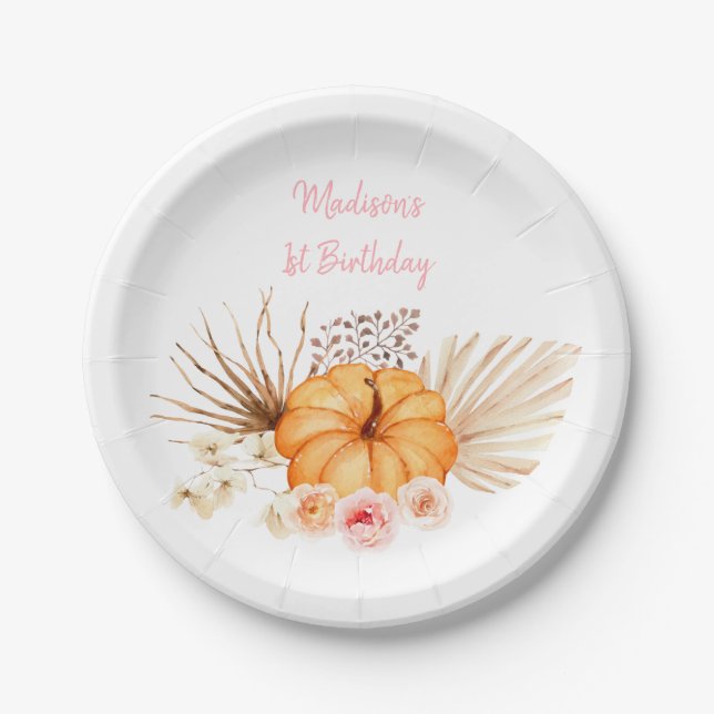 Little Pumpkin Boho Floral Birthday Paper Plates (Front)