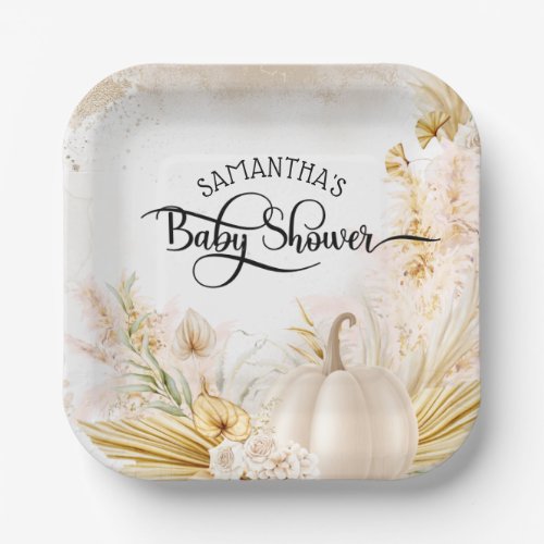 Little Pumpkin Boho Pampas Baby Shower Paper Plates