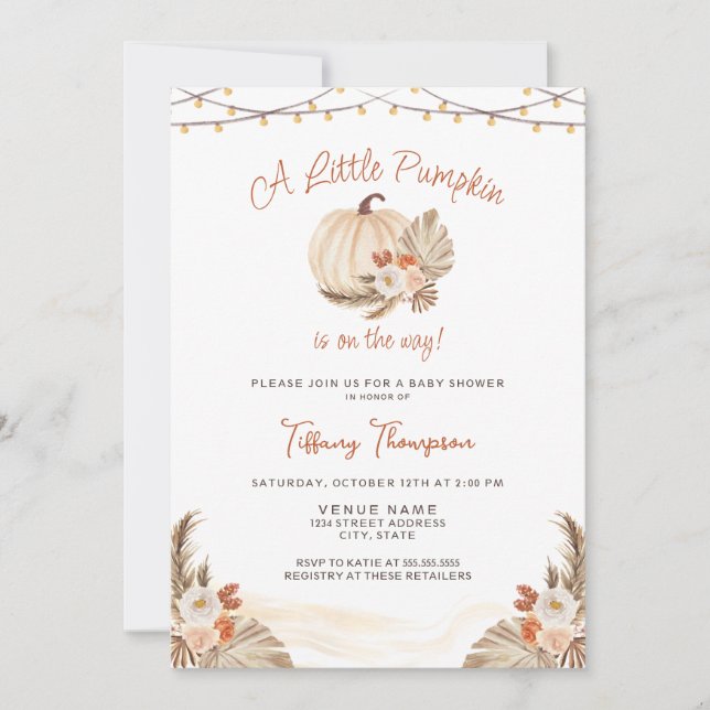 Little Pumpkin Boho Pampas Grass Fall Baby Shower Invitation (Front)
