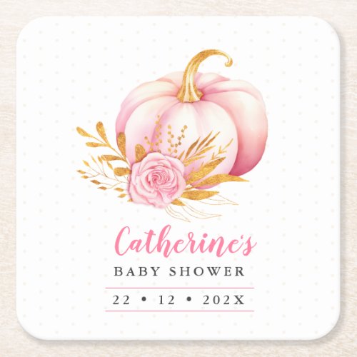Little Pumpkin Boho Pink Gold Floral Baby Shower  Square Paper Coaster