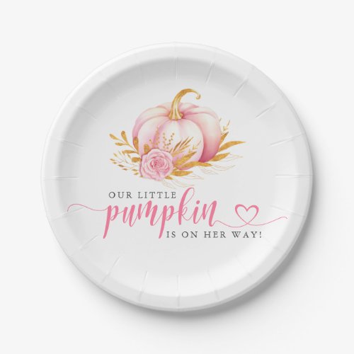 Little Pumpkin Boho Pink Gold Script Baby Shower Paper Plates