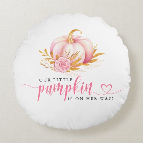 Little Pumpkin Boho Pink Gold Script Baby Shower Round Pillow
