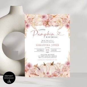 Little Pumpkin Boho Pink Pampas Grass  Baby Shower Invitation