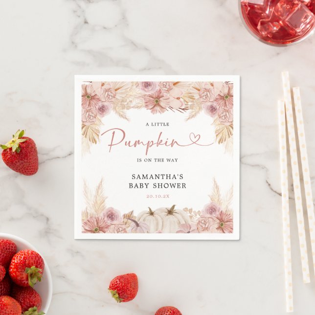Little Pumpkin Boho Pink Pampas Grass  Baby Shower Napkins (Insitu)