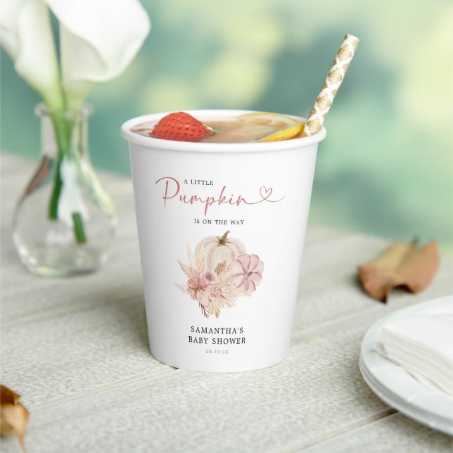 Little Pumpkin Boho Pink Pampas Grass  Baby Shower Paper Cups (Insitu)