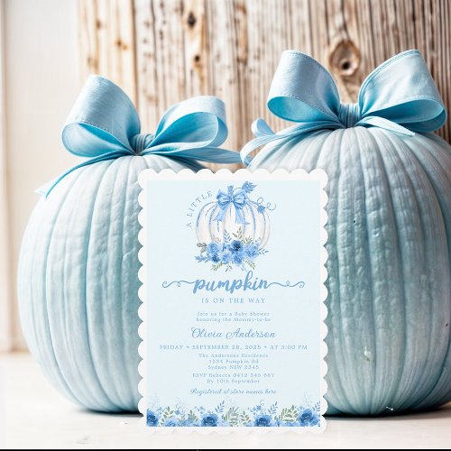 Little Pumpkin Bow Blue Baby Shower Invitation