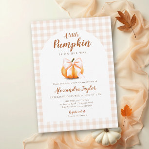Little Pumpkin Bow Gingham Blush Fall Baby Shower Invitation