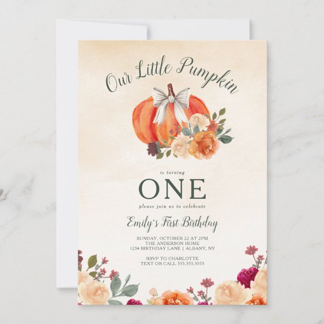 Little Pumpkin Bow Girls First Birthday Invitation (Front)