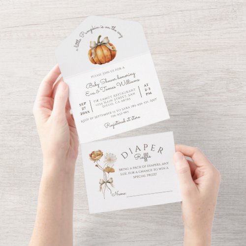 Little Pumpkin Bow Minimal Neutral Baby Shower All In One Invitation