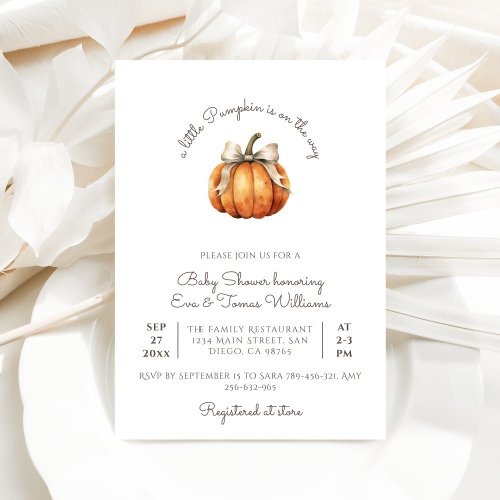 Little Pumpkin Bow Minimal Neutral Baby Shower Invitation