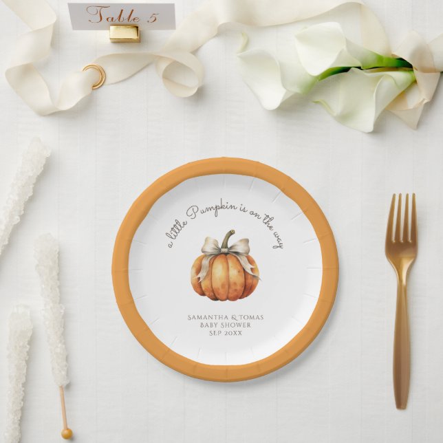 Little Pumpkin Bow Minimal Neutral Baby Shower Paper Plates (Wedding)