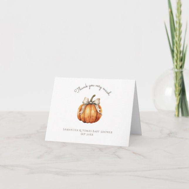 Little Pumpkin Bow Minimal Neutral Baby Shower Thank You Card (Front)